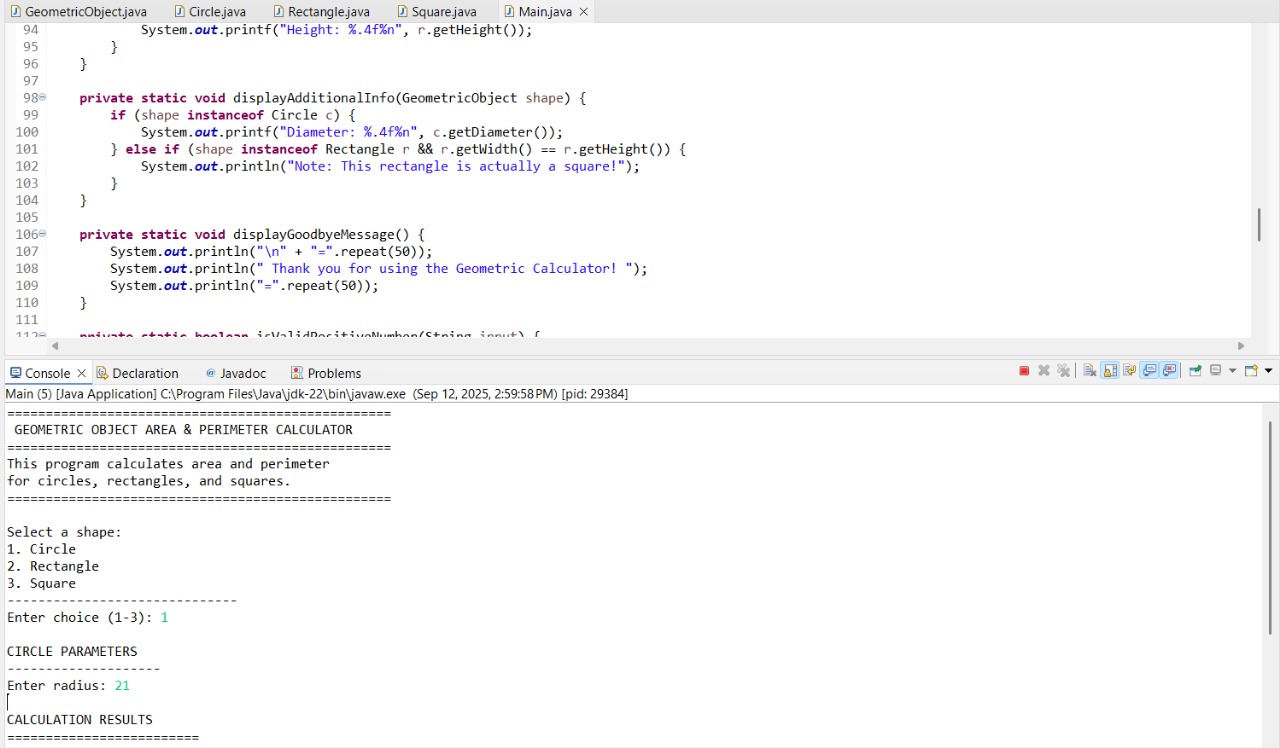 Geometric shape calculator Java application screenshot